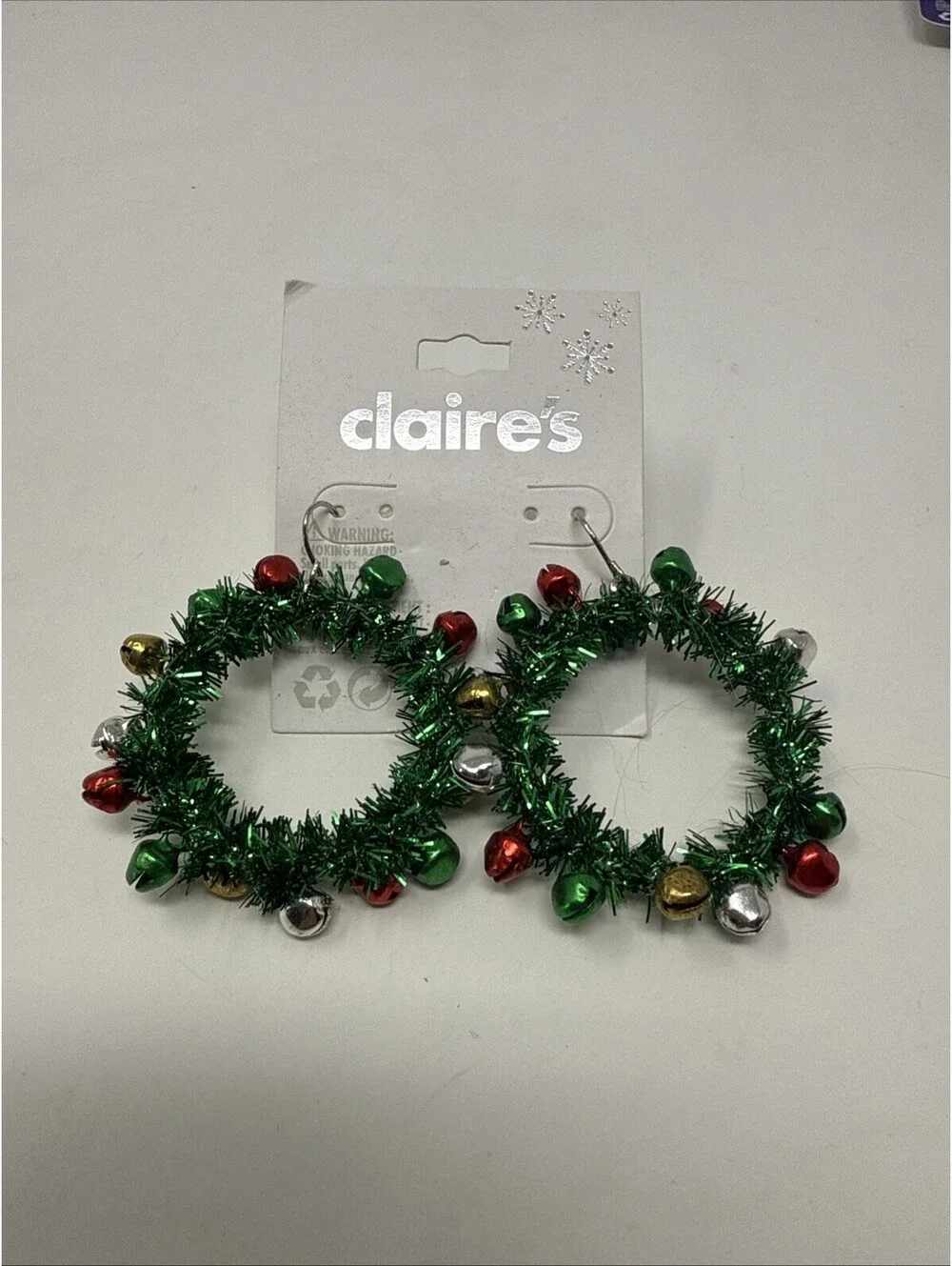 Green Jingle Bell Wreath Earrings Claire’s